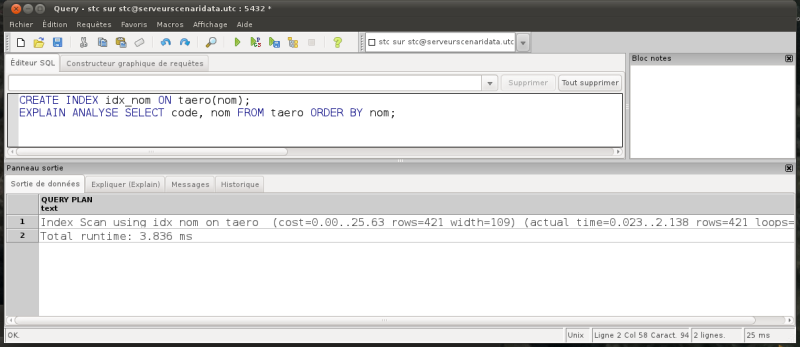 EXPLAIN ANALYSE SELECT code, nom FROM taero ORDER BY nom (avec index)