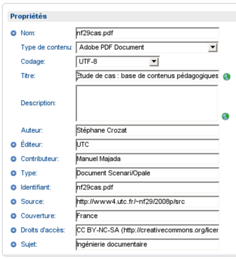 Interface d'indexation Dublin Core (Alfresco)