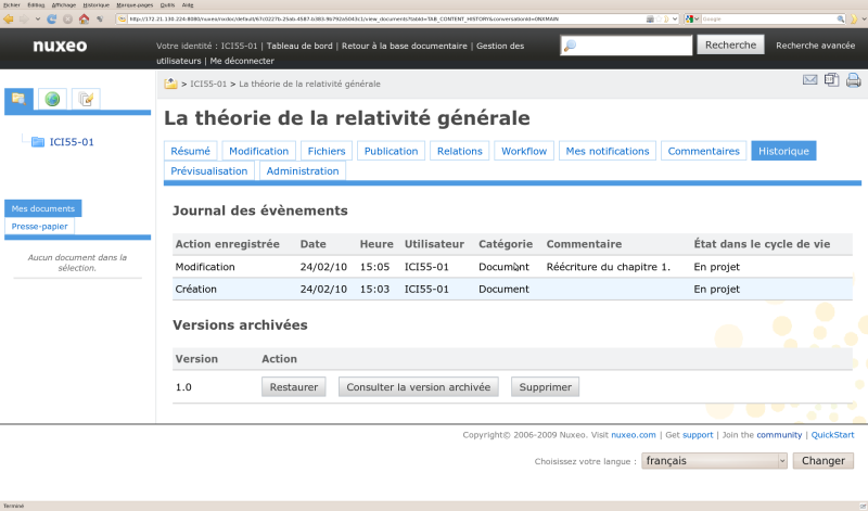 Historique, consultation et restauration (Nuxéo-DM)