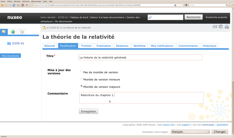 Modification d'un document et modification manuelle de la version (Nuxéo)