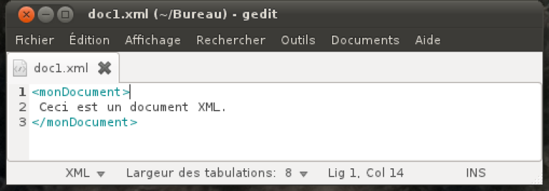 Document XML créé avec un simple éditeur de texte (gedit)