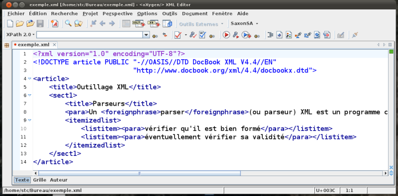 Exemple de fichier XML dans l'éditeur oXygen