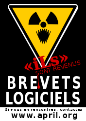 Affiche "ils sont revenus, BREVETS LOGICIELS". inspiré du symbole radioactivité.