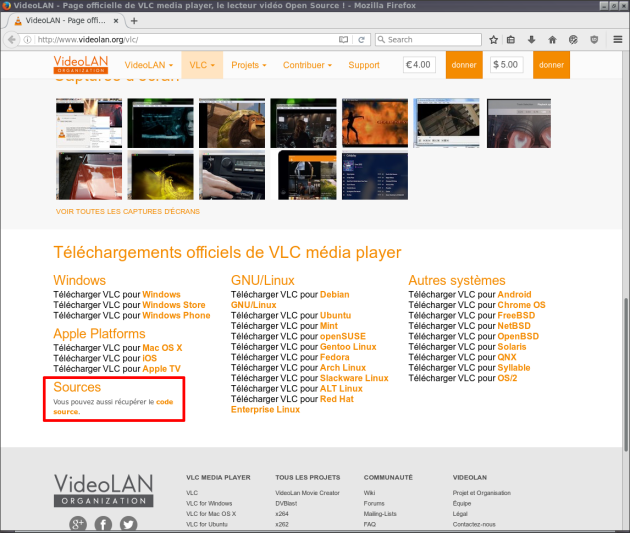 Sur la page de téléchargement VLC, un lien en petit "récupérer le code source"