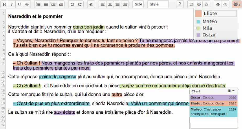 Exemple d'écran Etherpad (source : framapad.org, CC BY-SA)
