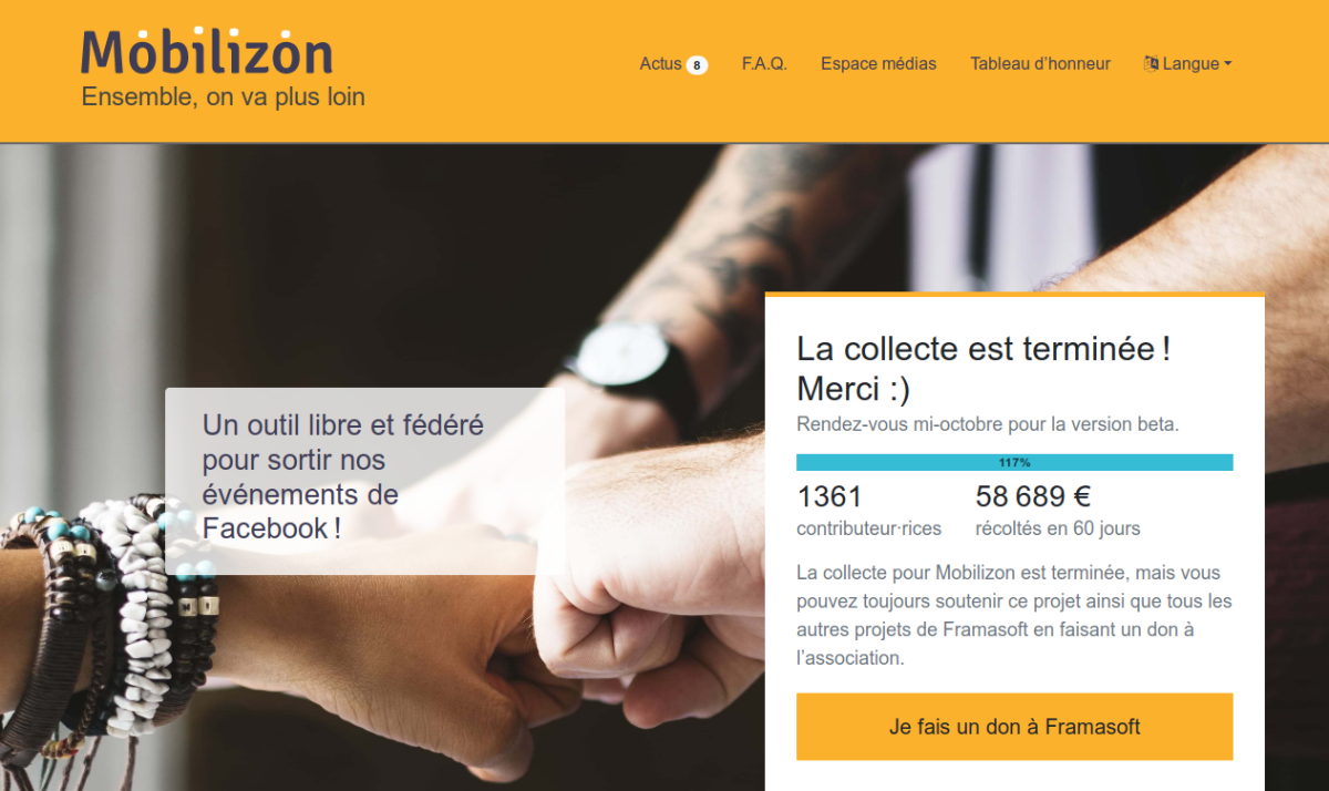 Campagne de financement de Mobilizon par Framasoft (https://framablog.org/2019/10/15/mobilizon-on-leve-le-voile-sur-la-beta, CC BY-SA)