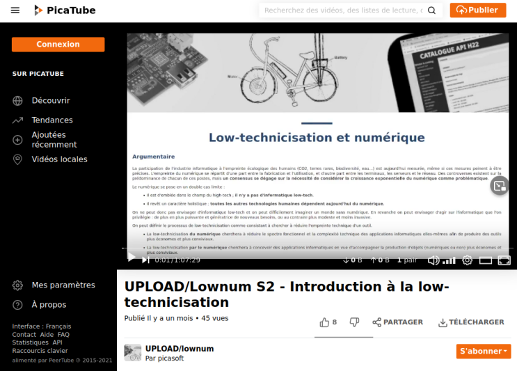 Rediffusion du cours-émission « UPLOAD/Lownum S2 - Introduction à la low-technicisation », disponible sur l'instance PeerTube « Picatube » (tube.picasoft.net)