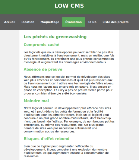 Évaluation du projet « Low CMS » à la lumière des 7 péchés du greenwashing (Étape d'évaluation réflexive d'un projet Lownum)